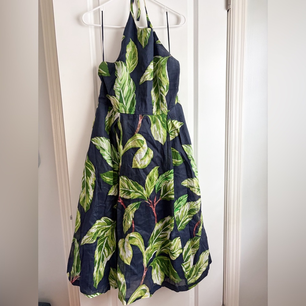Ann Taylor Navy Halter Maxi Dress with Green Leaf Botanical Print, Pockets